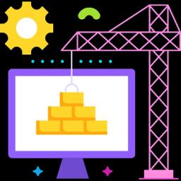 Construction crane lifting gold bars onto a computer monitor